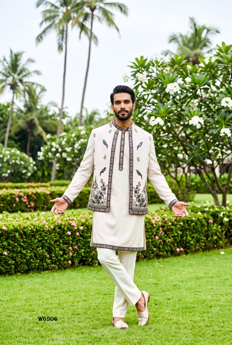 White Outluk Wedding Vol 65 Lachaka Embroidery Mens Indo Western W6505